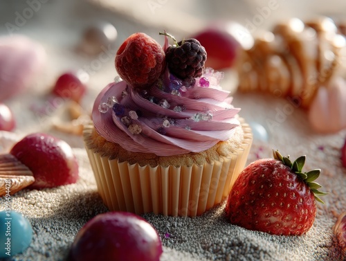 Cupcake with swirled pink f...