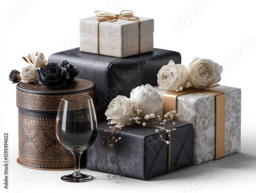 Wrapped boxes in ornate bla...