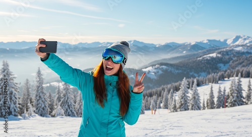 Happy young woman in ski goggles taking a selfie on a snowy mountain peak, winter sports, outdoor activities, winter vacation.