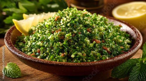 Traditional Lebanese tabbouleh is a salad made with finely chopped parsley and bulgur wheat.  