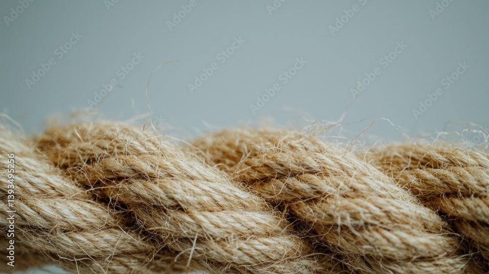 Fototapeta premium Close-up of a thick, intertwined, tan rope against a light blue background