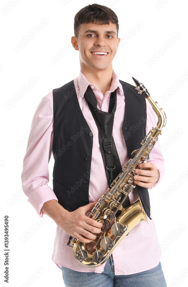 Fototapeta premium Young man with saxophone on white background