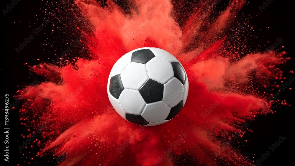 Fototapeta premium Soccer ball exploding in a burst of red paint, capturing dynamic energy and excitement of the game 