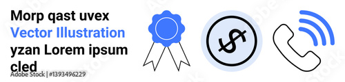 Award ribbon, dollar sign in a coin design, a phone icon with signal lines. Ideal for business success, financial services, communication, achievement, marketing, recognition simple landing page