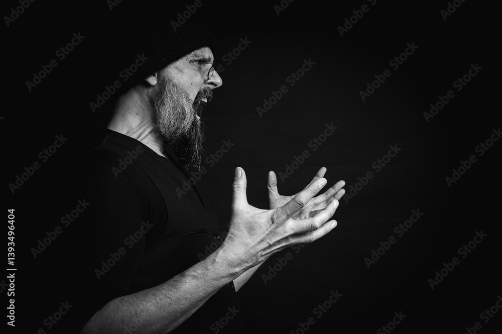 black and white, portrait, expressive mature man with sharp gaze and frowning face, wearing glasses and knitted hat, looking aside, screaming, facial expression. Dramatic portrait with strong emotions