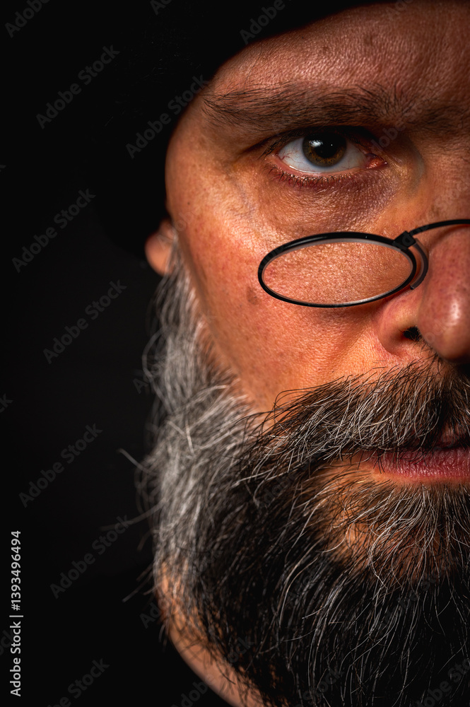 Portrait of angry bearded man in black hat and glasses growling at camera. Dramatic portrait in subdued lighting, expressive face, emotional tension, dark background