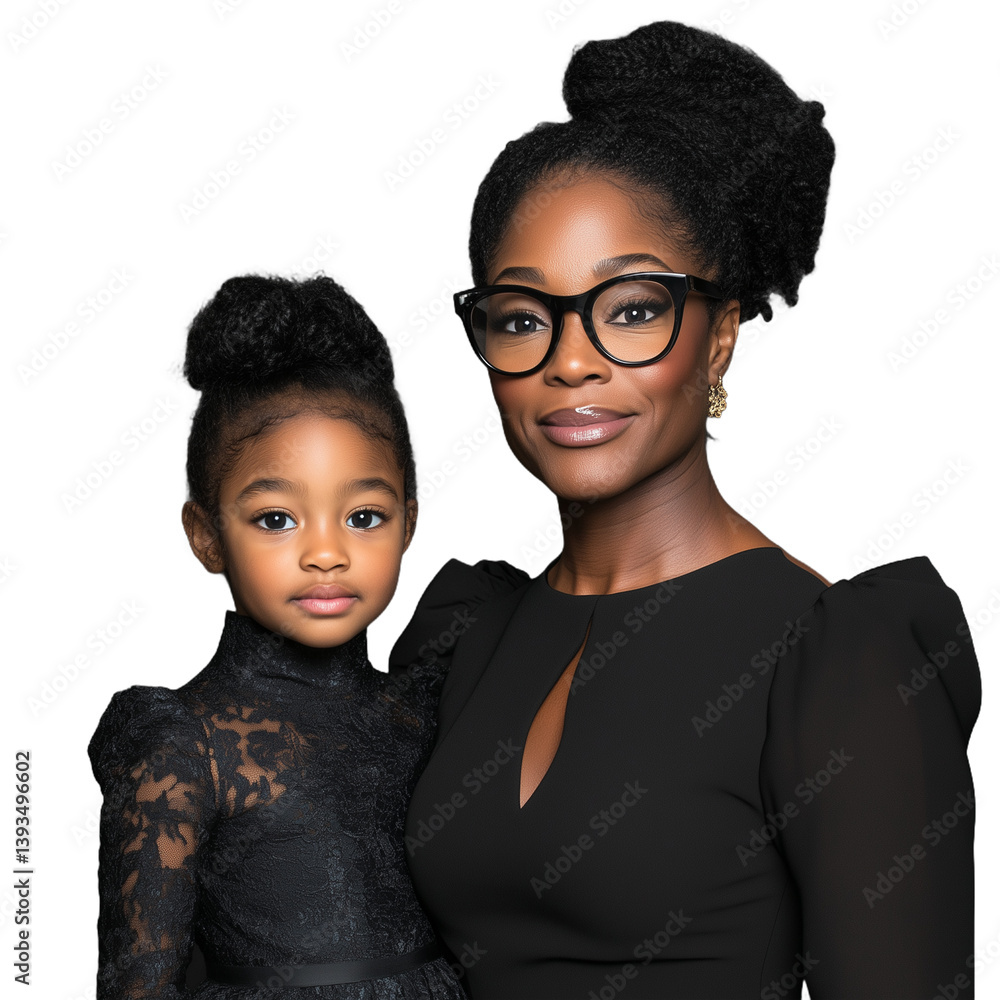 Portrait of an African American woman in glasses and young girl standing together, both in black clothing on a transparent background Portrait of an African American woman in glasses and young girl standing together, both in black clothing on a transparent background