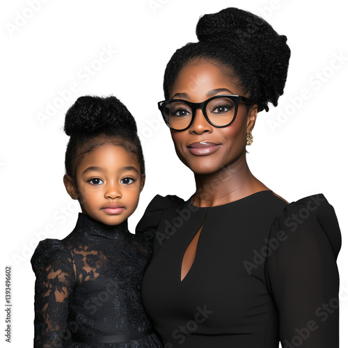 Obraz na płótnie Portrait of an African American woman in glasses and young girl standing together, both in black clothing on a transparent background w salonie
