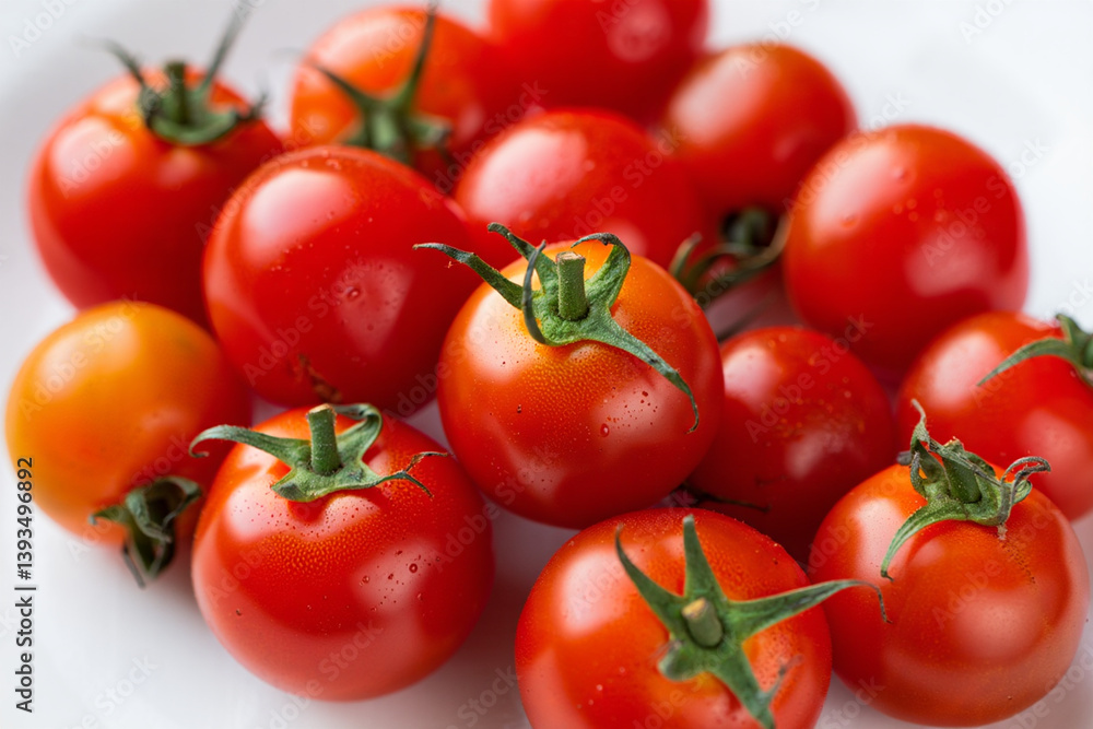 Cluster of Ripe Cherry Tomatoes on Seamless White Surface Cluster of Ripe Cherry Tomatoes on Seamless White Surface