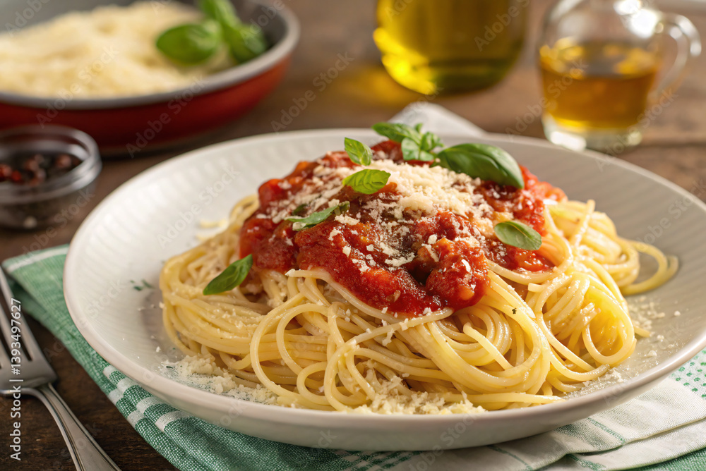 Spaghetti with Tomato Sauce, Basil, and Parmesan Cheese Spaghetti with Tomato Sauce, Basil, and Parmesan Cheese