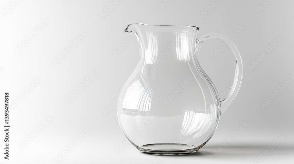 Empty glass pitcher with handle on white background.