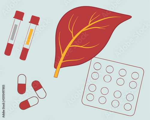 Liver Health Concept: Illustration with Organ, Blood Vials, and Pills.