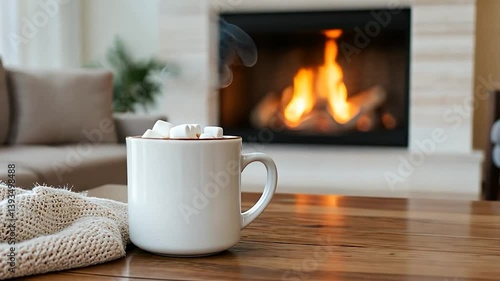 Cozy living room with a steaming mug of hot chocolate topped with marshmallows by a warm fireplace