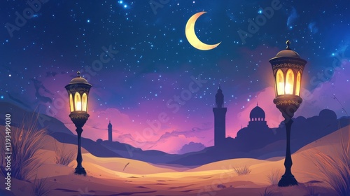 Night desert scene with mosque silhouette, crescent moon, stars, and illuminated lanterns.