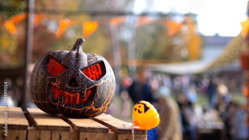 Illuminated halloween pumpkin resting on wooden crate with miniature pumpkin balloon during a vibrant outdoor autumn festival, capturing the festive spirit and spooky ambiance