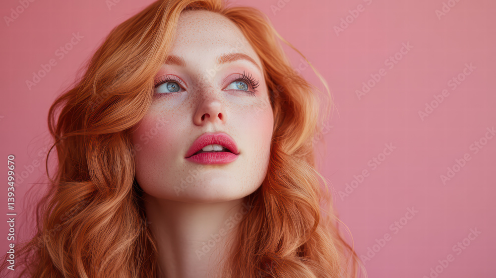 Dreaming in Pink: A captivating portrait of a ginger-haired woman with striking blue eyes and delicate features, lost in thought against a soft pink backdrop. Dreaming in Pink: A captivating portrait of a ginger-haired woman with striking blue eyes and delicate features, lost in thought against a soft pink backdrop.