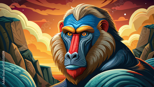 Mandrills face portrait on mysterious land of the galaxy under a strange colored sky, animal game banner