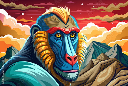 Mandrills face portrait on mysterious land of the galaxy under a strange colored sky, animal game banner