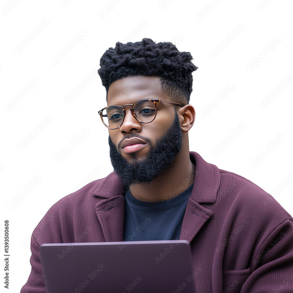 Man with glasses and beard, focused and working on a laptop, wearing a maroon sweater, isolated on a transparent background