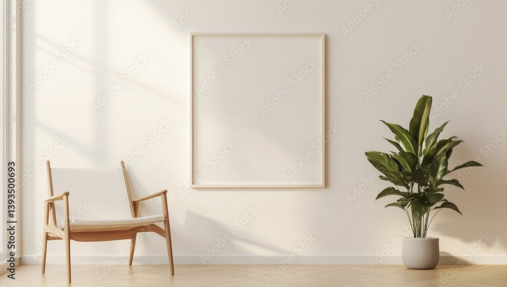Minimalist, sunlit living room with framed artwork and armchair Minimalist, sunlit living room with framed artwork and armchair