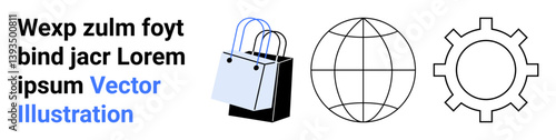 Shopping bag, globe symbol, and gear icon highlight buying, global connectivity, and process management. Ideal for retail, e-commerce, globalization, business strategy logistics innovation flat