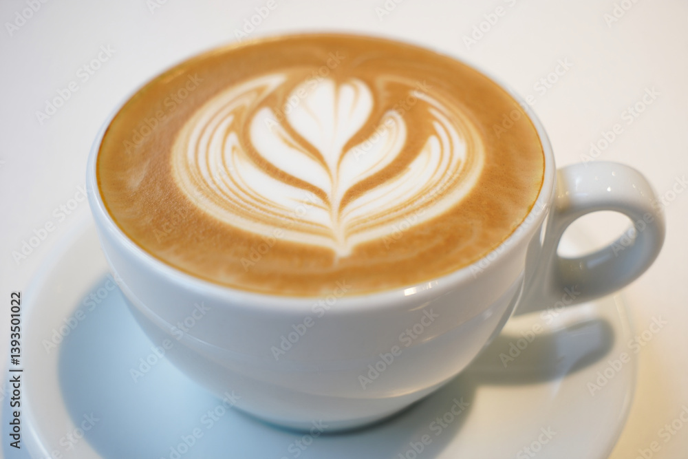 Simple Composition of Cappuccino with Latte Art in White Ceramics Simple Composition of Cappuccino with Latte Art in White Ceramics