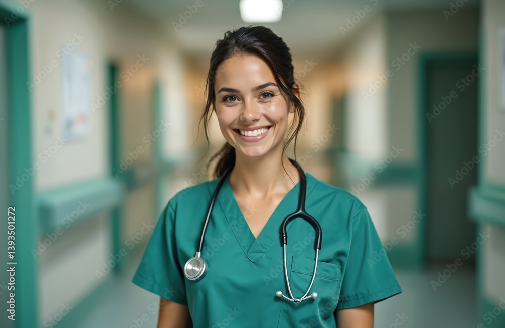 Smiling nurse poses, wearing scrubs with stethoscope around neck in hospital. Medical worker, healthcare pro, beautiful woman in clinic interior. Concept of International Day of Midwives, Smiling nurse poses, wearing scrubs with stethoscope around neck in hospital. Medical worker, healthcare pro, beautiful woman in clinic interior. Concept of International Day of Midwives,
