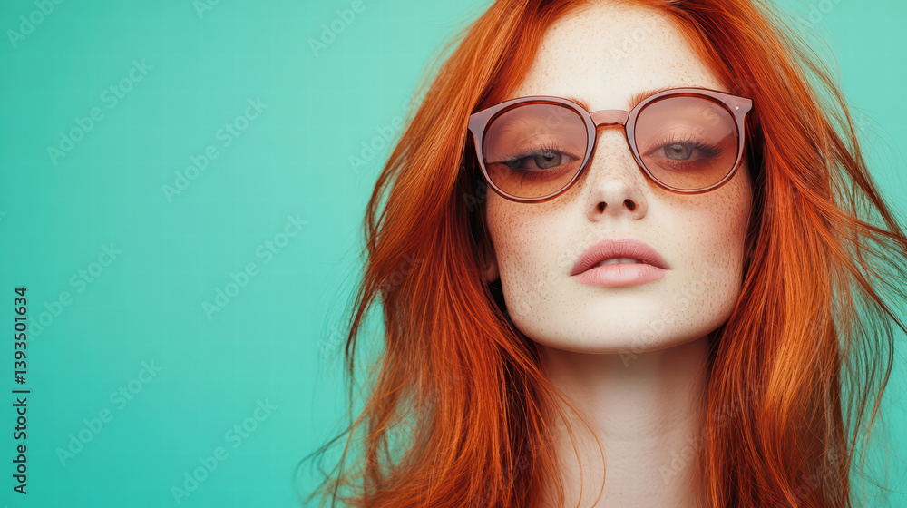 Radiant Gaze: Captivating portrait of a woman with flowing red hair, elegantly styled with sunglasses, creating a sophisticated look. The image radiates style and charm. Radiant Gaze: Captivating portrait of a woman with flowing red hair, elegantly styled with sunglasses, creating a sophisticated look. The image radiates style and charm.