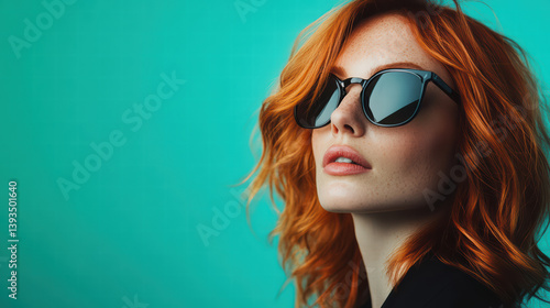 Wallpaper Mural Redhead Woman in Sunglasses: A captivating portrait of a woman with vibrant red hair and sunglasses against a teal background. Her confident gaze and stylish look exude modern confidence.  Torontodigital.ca