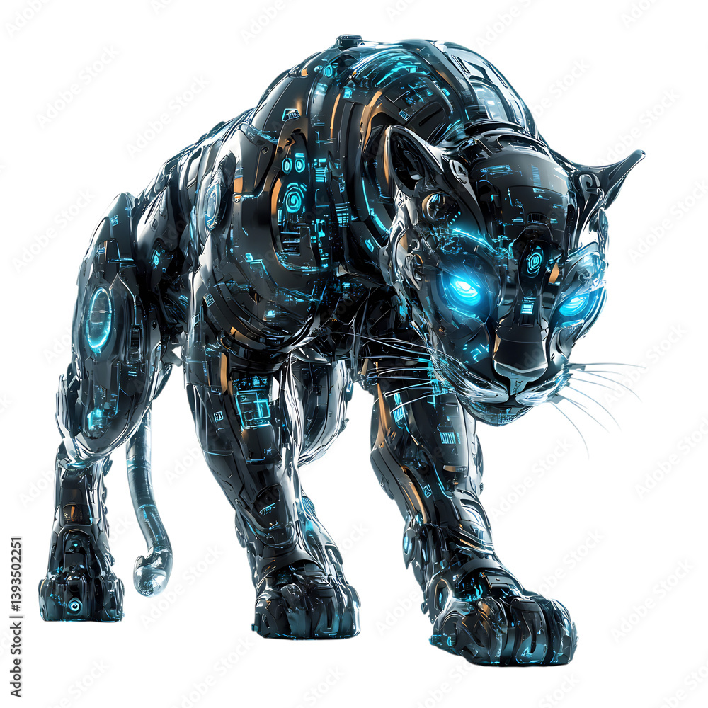 Mechanical Panther with Glowing Blue Eyes Isolated on Transparent Background Mechanical Panther with Glowing Blue Eyes Isolated on Transparent Background