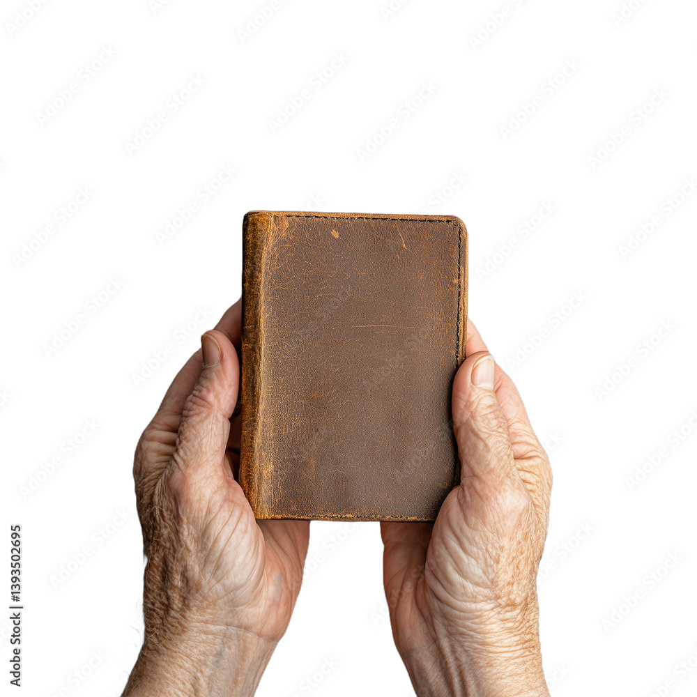 Close up of elderly hands holding an old book, isolated on a transparent background