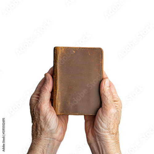 Obraz na płótnie Close up of elderly hands holding an old book, isolated on a transparent background w salonie