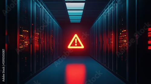 Red triangle warning in server room symbolizes disaster recovery alert