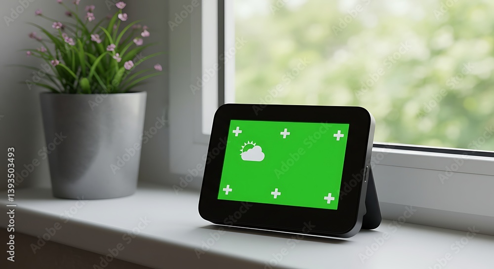 Smart display with green screen near window showcasing modern lifestyle Smart display with green screen near window showcasing modern lifestyle