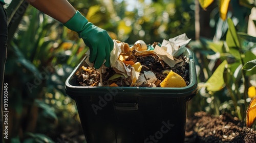 A person wearing green gloves is carrying an outdoor garden bin filled with organic waste to a compost pile