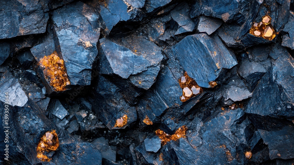 A top-down view of the mine, showcasing black and blue rocks with shiny orange crystals, capturing an aerial perspective of gemstone formations in the mountainous terrain. A top-down view of the mine, showcasing black and blue rocks with shiny orange crystals, capturing an aerial perspective of gemstone formations in the mountainous terrain.