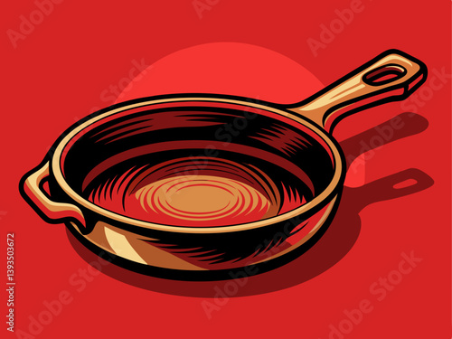 A high-quality vector of a modern cast iron skillet with a rustic design, placed on a solid red background
