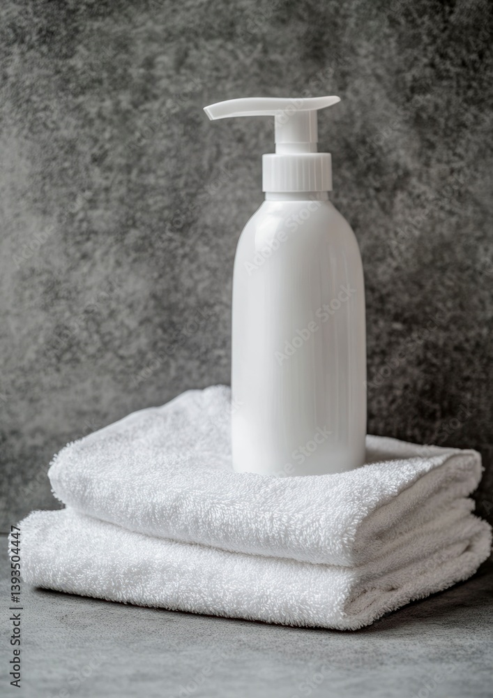 White Pump Bottle Atop Soft Folded Towels for Skincare Product Display White Pump Bottle Atop Soft Folded Towels for Skincare Product Display