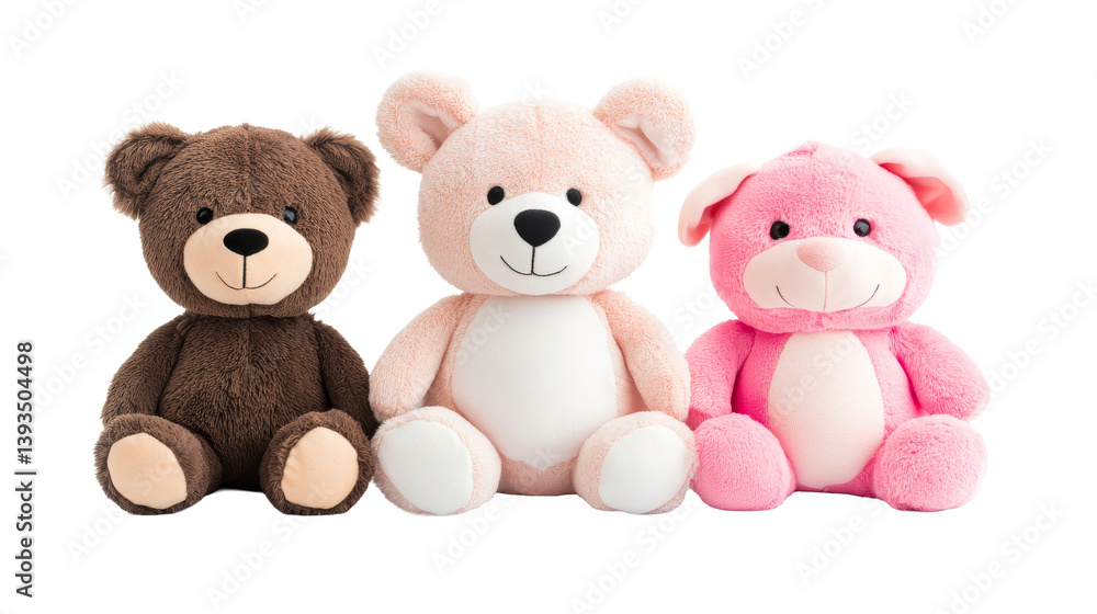 Three plush teddy bears, brown, pink and light pink, cut out transparent Three plush teddy bears, brown, pink and light pink, cut out transparent