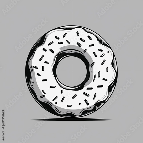 Illustrated Black and White Donut with Icing and Sprinkles