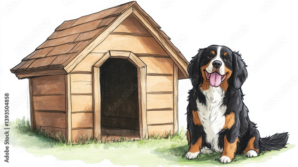 A charming illustration of a Bernese Mountain Dog sitting proudly beside a rustic wooden dog house on a grassy patch