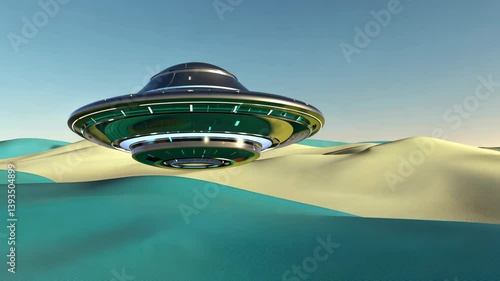 Wallpaper Mural Flying saucer glides over sandy dunes in a surreal desert landscape during twilight Torontodigital.ca