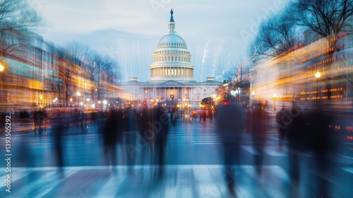 The US Capitol building in Washington, DC, blurred motion of people walking on the street with binary code double exposure, concept for digital data and global business. 