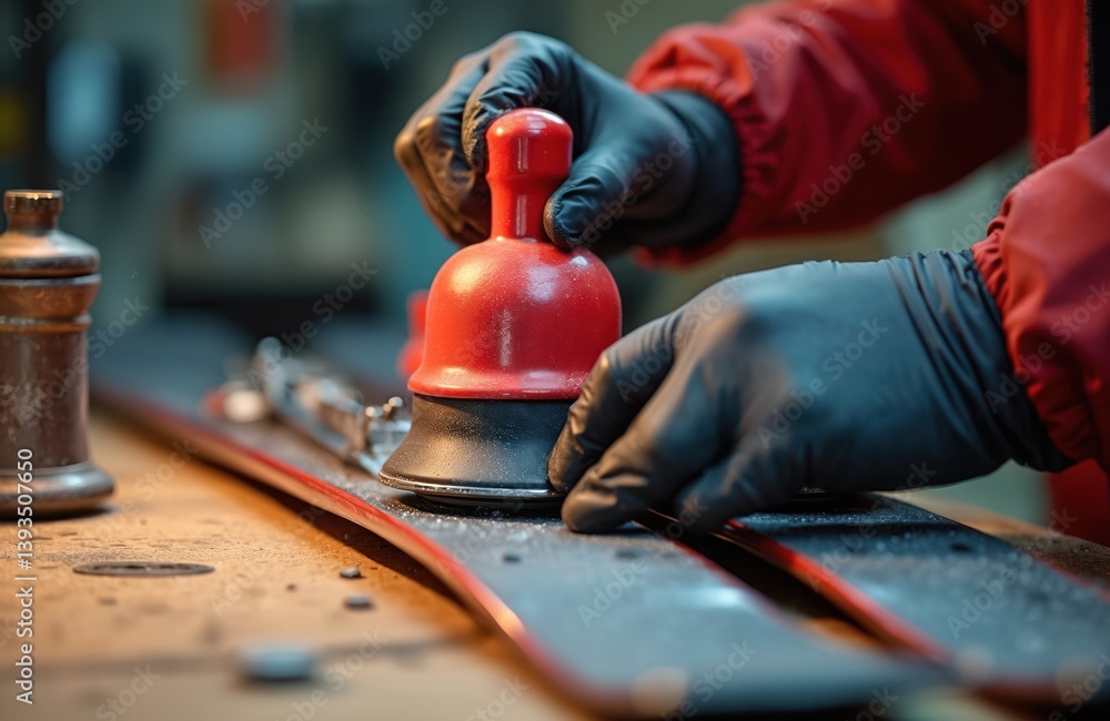 Man applies wax or paraffin to alpine skis. Thorough service of skis in a workshop. Preparing winter sports equipment. Waxing, maintaining, repairing tools for pro ski maintenance, repair.