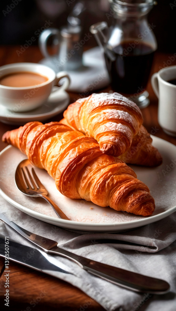 Freshly baked croissants served with coffee on a wooden table in a cozy cafe Generative AI Freshly baked croissants served with coffee on a wooden table in a cozy cafe Generative AI