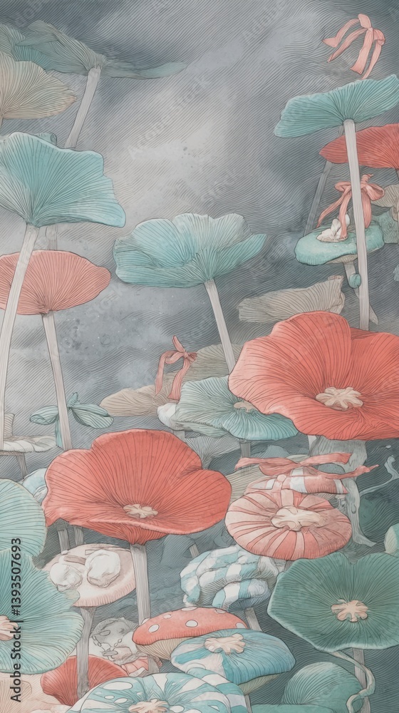 Fototapeta premium Giant lollipop flowers blooming in candy field, soft watercolor painting