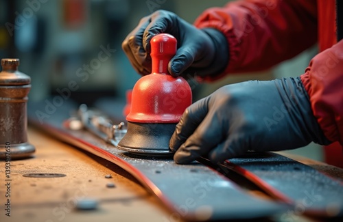 Obraz na płótnie Man applies wax or paraffin to alpine skis. Thorough service of skis in a workshop. Preparing winter sports equipment. Waxing, maintaining, repairing tools for pro ski maintenance, repair. w salonie