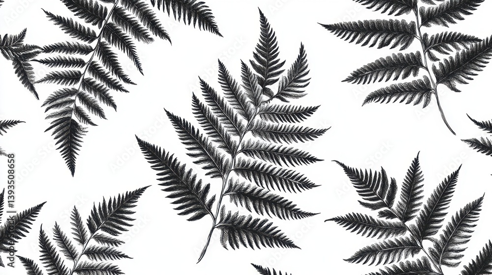 Naklejka premium Intricate black and white fern leaf pattern on a clean background. Botanical illustration with delicate details
