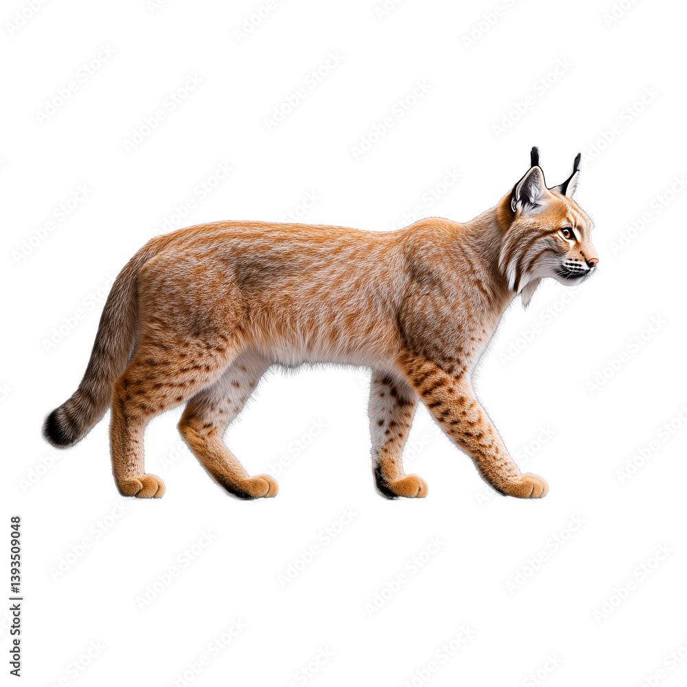 Lynx walking with its head turned sideways, showing its distinct spotted fur on a transparent background