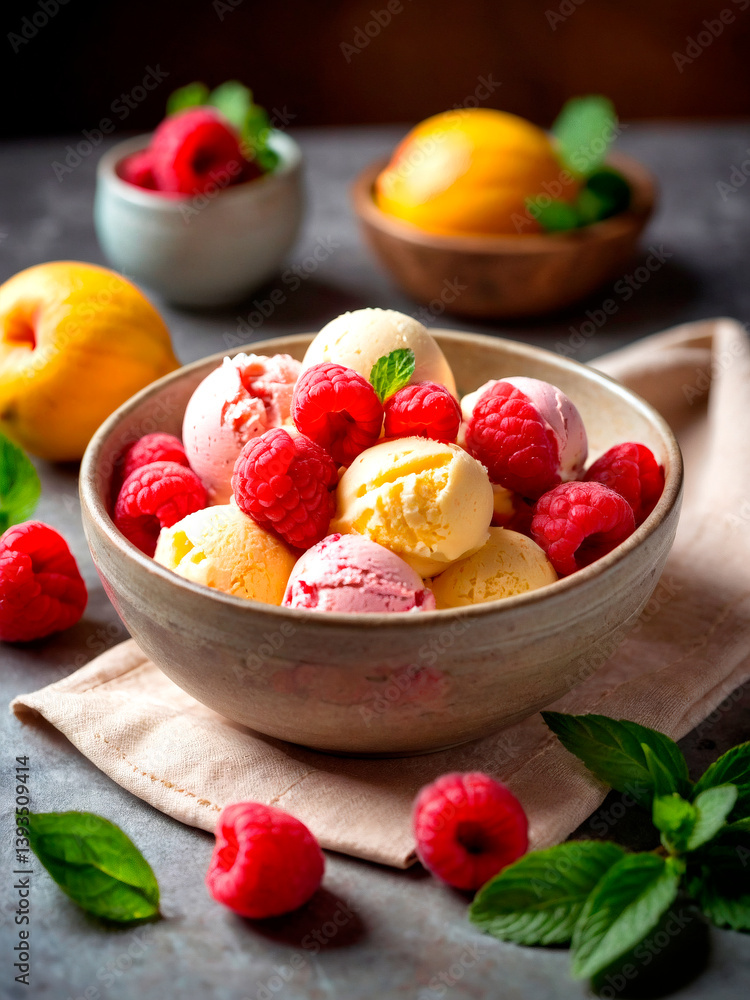 Colorful ice cream dessert with fresh raspberries and fruits on a table Generative AI Colorful ice cream dessert with fresh raspberries and fruits on a table Generative AI